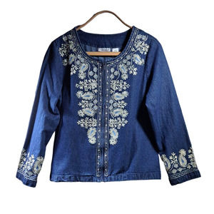 Hannah Denim Jacket with Floral Embroidery & Full Zipper Medium, Long Sleeve NWT